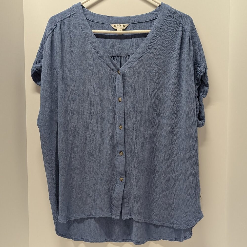 Orvis Blue V-Neck Short Sleeve Button Down Blouse